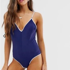 Sam Edelman one piece swimsuit navy blue silver S small high cut leg bikini new